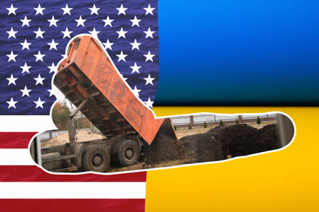 USA and Ukraine deal. a mining truck on earthy terrain, and references to conflict and peace. A powerful visual tying together war, minerals, and international cooperation.の写真素材