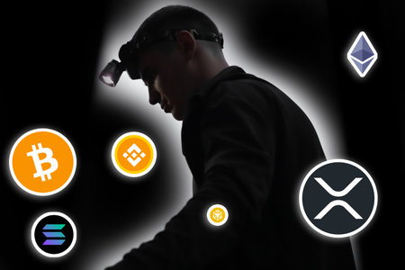 Cryptocurrency trader or miner standing in the dark with a flashlight, surrounded by glowing logos...