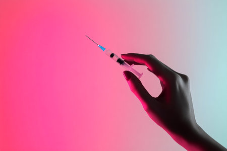 a hand holding a syringe against a soft pink background, symbolizing the concept of vaccination in a clean and aesthetically pleasing way, perhaps even touching on beauty treatments.の素材