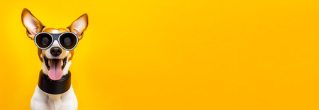 A happy Basenji dog in sunglasses with its tongue out. This funny pet creates a vibrant yellow banner with copy space.の素材