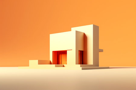A striking new build features a minimal, modern house exterior with a bold orange facade. This clean design highlights the contemporary appeal of a stylish home from the front.の素材