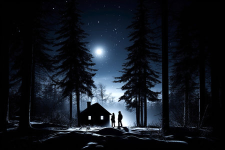 A suspenseful scene in a dark forest at night, where two people, a couple, are illuminated by the moon, hinting at an unforeseen danger or mysterious event.の素材
