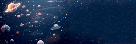 A breathtaking celestial view of a distant planet within a vibrant galaxy and swirling nebula, set against the vast universe. banner with ample copy space, showcasing a fantastical cluster.の素材