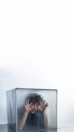 A male figure is trapped in a vertical shot inside a box, his bulging eyes reflecting fear and anxiety. a feeling of agony, mania, and stressed panic, perfect for a social media story or reel.の素材
