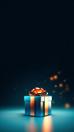A beautiful blue gift box is featured in a vertical shot, with ample copy space on the background. This image is perfect for a festive card, birthday greeting, or social media story or reel.の素材