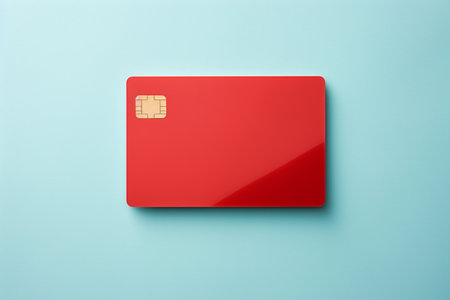 A vibrant red and blue credit or debit card, with a prominent Visa logo, against a clean background. This image is perfect for themes of business, payment, and financial exchange.の素材