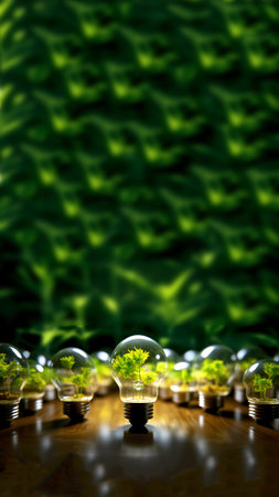 A unique vertical image of a glowing lamp bulbs with a vibrant green plant growing inside. innovative, sustainable energy and a creative approach to the environment, perfect for a story or reel.の素材
