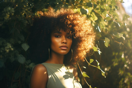 A beautiful portrait of a happy, black adult woman with an amazing afro hair style. The lady is outside in nature, celebrating her natural beauty.の素材