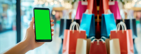 A person is holding a smartphone with a green screen, perfect for a mock up showing online shopping. The customizable chroma key display is ideal for showcasing any app or website.の素材