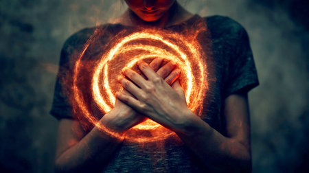 A powerful image capturing the physical symptoms of a panic attack, with a person's hands clutching their chest in pain.の素材