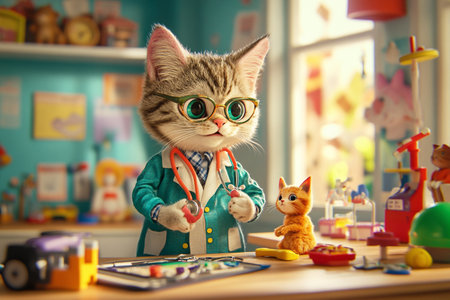 A fancy and adorable kitten dressed as a doctor. This cute cat image is perfect for a lighthearted and humorous theme.の素材