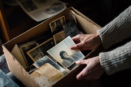 A beautiful vintage image of an old box filled with fading photography. The delicate paper photos scattered across a wooden table evoke a sense of family love and nostalgia.の素材