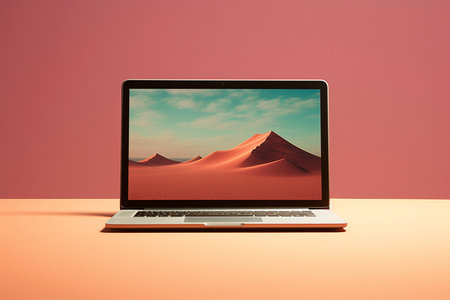 A modern laptop with a vibrant red casing and a beautiful mountain wallpaper on the screen. A clean laptop with a vibrant mountain wallpaper on its screen, highlighting its bold red color.の素材
