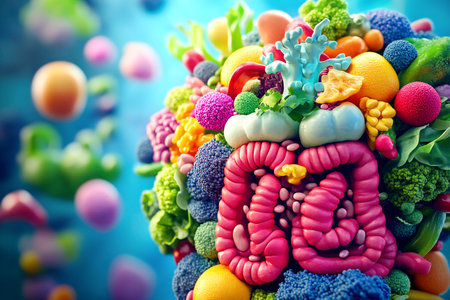 a symbolic representation of a healthy gut. importance of probiotics for a strong digestive system and a healthy microbiome. themes of food, nutrition, and overall wellness.の素材