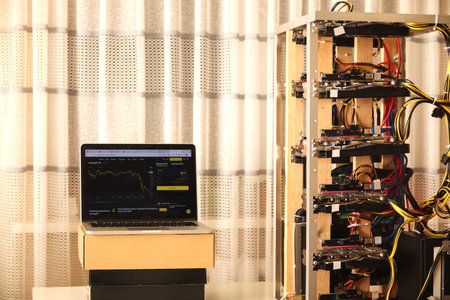 a homemade crypto mining rig, built from various computer components in a makeshift farm. The...
