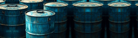 A wide banner showing a warehouse filled with storage containers. The image features a large number of blue oil barrels, with plenty of copy space for a business or industrial theme.の素材