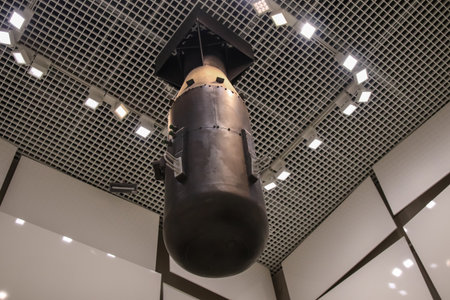 A powerful image of a nuclear bomb on display at a museum in Gdansk. The massive metal rocket is a chilling reminder of the old atom era and the devastating potential of war.の写真素材