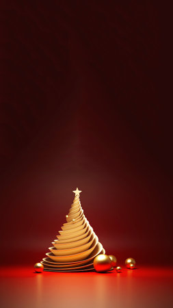minimal vertical image of a Christmas tree in vibrant red. epresentation of a modern holiday design. a perfect fit for a reel or story. minimal christmas tree red golden.の素材