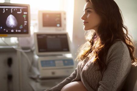 a surrogate mother at a modern clinic for a routine pregnancy checkup. surrogate mother clinic checkup. routine pregnancy checkup.の素材