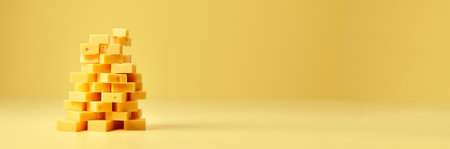 minimal tower of different varieties of cheese. yellow background and plenty of copy space. stack of cheese varieties yellow background.の素材