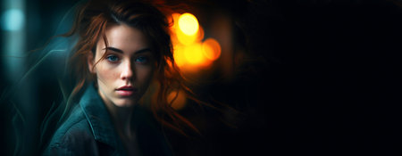 banner with a beautiful portrait of a 30-year-old Caucasian brunette woman. The photo, a powerful symbol of beauty and elegance at night.の素材