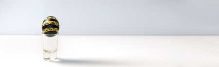 banner with a traditional pysanka, Ukrainian Easter egg, against a clean white background. Ukrainian folk art holiday template. black and yellow Easter egg design. pysanka Ukrainian Easter egg banner.の写真素材