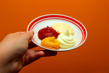 a hand holding a plate with a variety of sauces, including ketchup, mustard, mayonnaise, and garlic sauce on dark orange background. hand holding dipping sauces plate.の写真素材