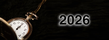 vintage pocket watch New Year 2026. old watch new year background. passing of time 2026 concept. 2026 number time passing. black background old pocket watch.の写真素材