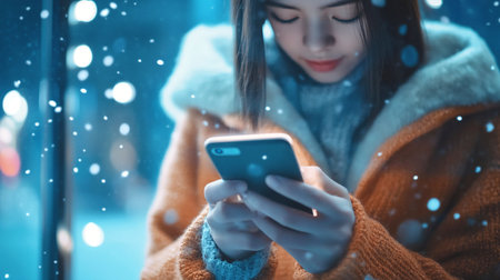 a woman holding a mobile phone in her hand in the winter. woman holding phone winter landscape. Close up.の素材
