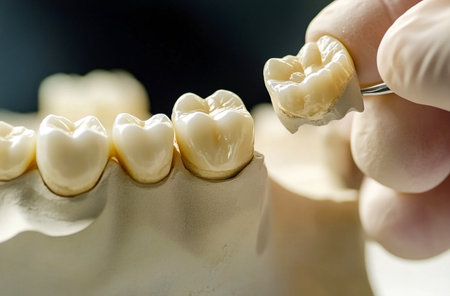 Close-up of dental model with a tooth being adjusted, ideal for dentistry, dental care, and medical stock photography.の素材