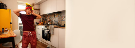 kitchen cleanup, focusing on a woman reacting with surprise or being scared by dirt, against a clean...