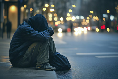 a moment of urban poverty at night. A solitary human figure, beggar or homeless person, sits on the sidewalk of a cold city street under a hood, symbolizing depression and asking for money.の素材