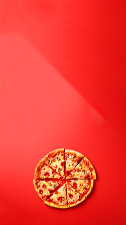 vertical image of a delicious pizza slice, set against a bold, vibrant red background. vertical food story pizza ad red. red background pizza vertical reel.の素材