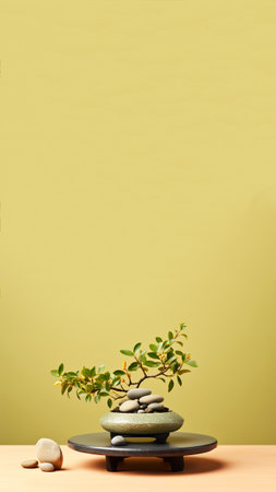 A clean, minimal vertical image symbolizing work-life balance and harmony. balance vertical work life plant olive stone decision harmony.の素材
