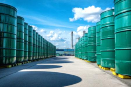 rows of large storage Barrels containing petroleum or oil fuel. oil barrels blurred background industrial storage. petroleum chemical barrels industrial ad.の素材