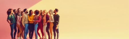 A dynamic banner image symbolizing support and unity in business. A diverse group of young people and friends, including an Afro-descent businessman. blurred background diverse young professionals.の素材