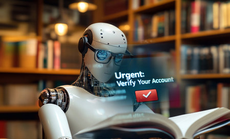 A high-stress digital fraud scenario. urgent verify account notification on a inbox near robot. cybersecurity fraud notification inbox laptop bank card.の素材