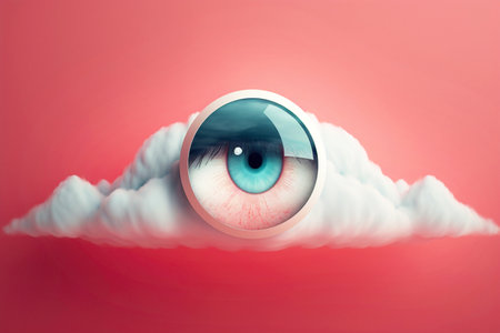 Surreal eye on clouds against a red sky, blending nature and imagination. Perfect for abstract, surrealism, and artistic stock content.の素材