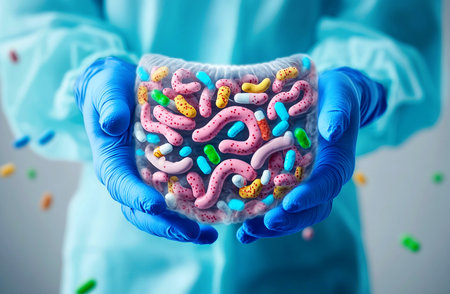 doctor man consulting gut health bacteria food. digestive system health doctor man flora.の素材