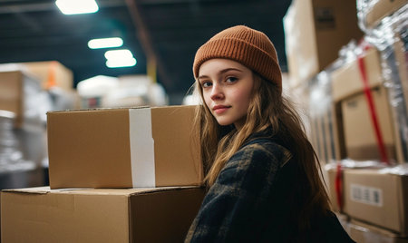 warehouse worker holding cardboard box logistics. a warehouse worker securely holding a cardboard box. logistics concept.の素材