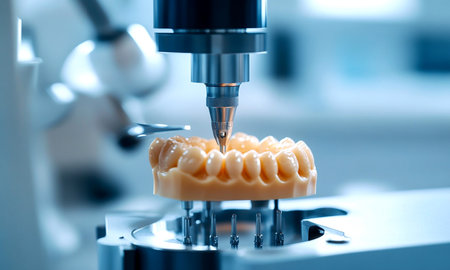 prosthetic model of teeth undergoing digital milling or automated design processing. milling, design, or technological innovation involved in creating dental models or implants.の素材