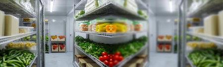 fresh food and vegetables inside a modern refrigerator or refrigeration chamber. Industrial refrigerator. interior of a refrigerator or refrigeration chamber filled with fresh vegetables and food.の素材