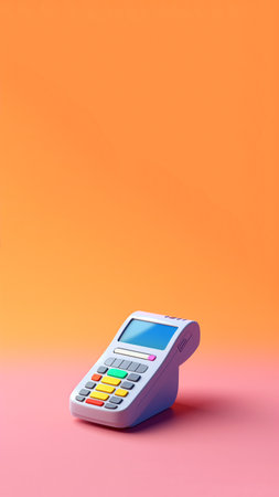 A modern payment terminal or POS, Point of Sale, device is prominently displayed, featuring a bright, colorful design with pink accents.の素材