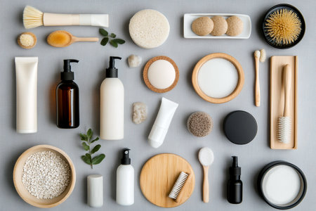 a wooden hair brush alongside small jars of cosmetic products like cream, serum, and balm, emphasizing natural ingredients and sustainable practices. natural cosmetic wooden flat lay.の素材