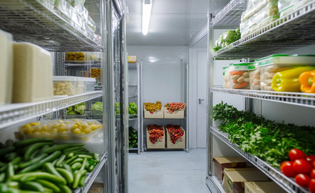 fresh food and colorful vegetables inside a modern refrigerator or commercial refrigeration chamber. organized refrigerator storage vegetables fresh food.の素材