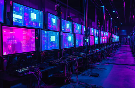 a massive data center center, emphasizing big data and cloud connection. big data center computer database storage purple. cyberspace connection technology.の素材