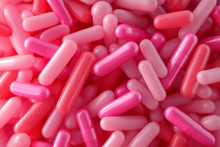 A clean, pharmaceutical still life featuring small pills in vivid pink and red colors scattered against a contrasting background. medical still life pink pills hormone therapy.の素材