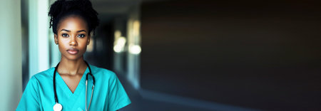 a professional Black woman doctor in a hospital setting. Black woman doctor hospital banner copy space. hospital diversity Black woman doctor copy space.の素材