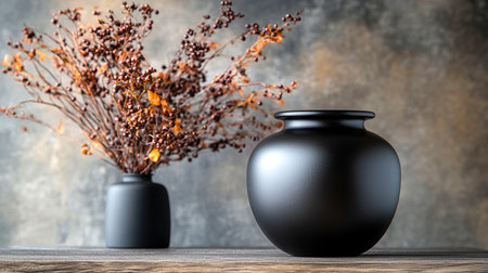 A smooth, Black urn containing cremated remains is featured next to a single, delicate flower, symbolizing remembrance, loss, and tribute. memorial service.の素材