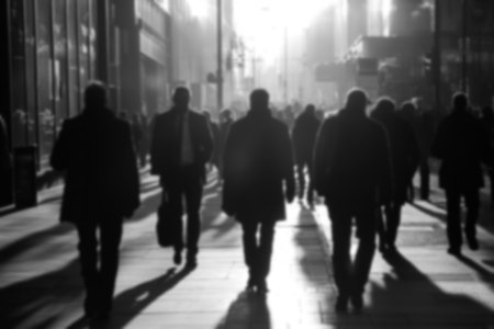 A striking urban visual of a city street at rush hour. The blurred silhouettes of people walking create a sense of dynamic energy. blurred people walking busy urban street silhouette business.の素材